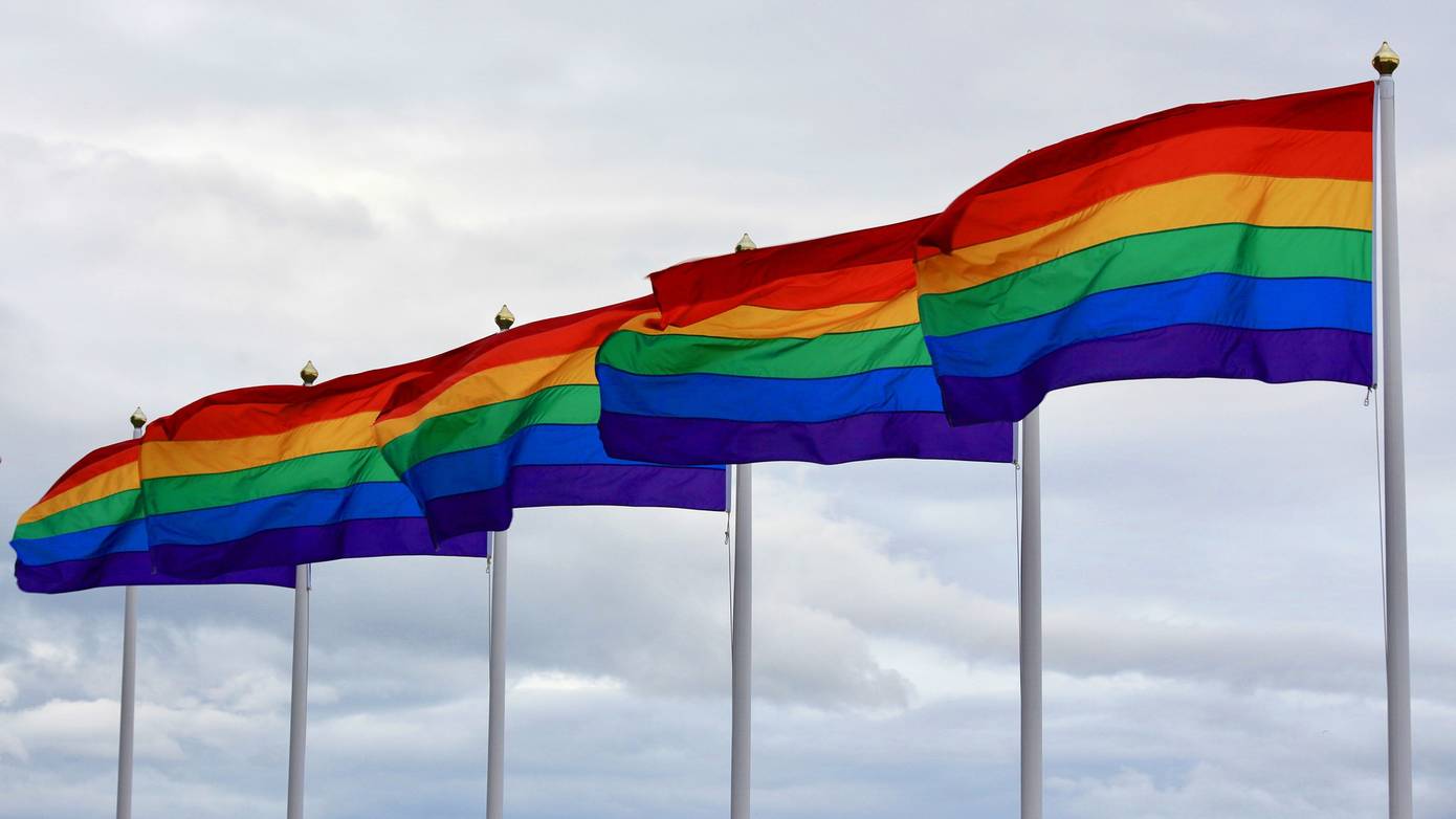 Regenboogvlag bij Huis van Cultuur en Bestuur in Hoogezand